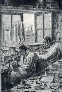 Ouvriers parisiens fabriquant des jouets gravure de Pierre Calmette Collection privée - Pierre Calmettes