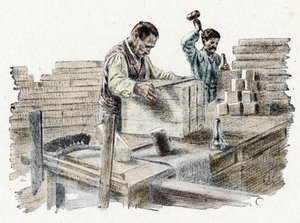 Savonnerie: le découpage des pains de savon, gravure de «Excursion à travers les métiers» de Pierre Calmette, collection privée - Pierre Calmettes