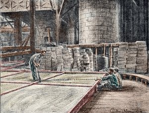 Savonnerie: découpage du savon dans les mises Gravure de « Excursion à travers les métiers » par Pierre Calmette Collection privée - Pierre Calmettes