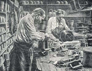Manufacture de chapeaux haut de forme en soie Gravure de Pierre Calmette Collection privée - Pierre Calmettes