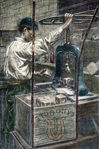 Usine de savon : estampage de la marque de savon Gravure tirée de 