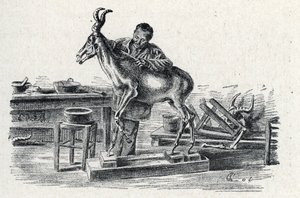 Taxidermie : un taxidermiste empaillant un bubale dans son atelier, gravure de « Excursion à travers les métiers » par Pierre Calmette, collection privée
