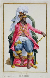 Amar, roi de Ouidah, tiré de "Receuil des Estampes, representant les Rangs et les Dignites, suivant le Costume de toutes les Nations existantes", publié en 1780 (gravure coloriée à la main).