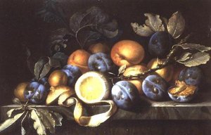 Nature morte avec des prunes et un citron pelé (une paire)