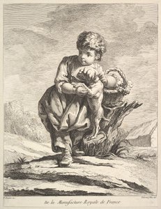 Enfant avec un chien, tenant un panier de raisins, de Premier Livre de Figures