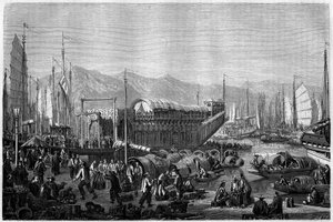 Bateau des Fleurs, un restaurant et lieu de divertissement dans le port de Shanghai en 1860, Chine. Gravure par Grandsire, dans « Le Tour du Monde, Nouveau journal des Voyages », édité par Edouard Charton, Paris