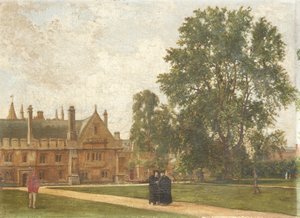Dans les jardins du Magdalen College, avec des portraits des membres de Magdalen : Révérend T. H. T. Hopkins, Révérend H. R. Bramley, Révérend J. Rigaud et Révérend H. F. Garnsey, 1882 - Pierre François Joseph Tonneau