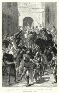 Ils jettent leurs bottes de fourrage et tirent leurs épées (gravure) - Pierre Fritel