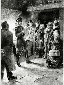 Un officier allemand demande Boule de suif en échange de la liberté de tous les passagers arrêtés dans la diligence. Dans « Boule de suif » de Guy de Maupassant (1850-1893). Illustration de P. G. Jeanniot (1848-1934). Publié chez Ollendorff