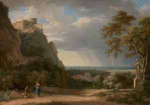 Paysage classique avec figures et sculpture