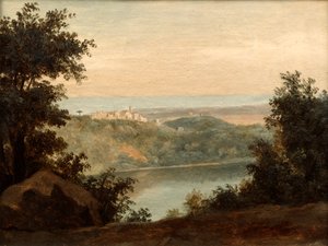Lac de Nemi, en arrière-plan la ville de Genzano, fin 18e début 19e siècle