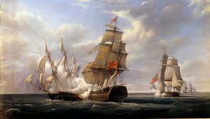 Bataille de la frégate française La Canonnière contre le navire anglais Le Tremendous le 21/04/1806. Peinture par Pierre Gilbert 1832