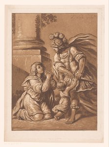 Soldat menaçant avec femme et enfant suppliants - Pierre Lelu