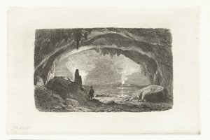 Homme avec barque dans les grottes de Han