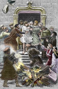 Socinianisme et Petite Église Polonaise : les habitants de Cracovie brûlent les œuvres de Faustus Socinus (Faust Socin ou Fausto Sozzini) (1539-1604) sur la place publique l