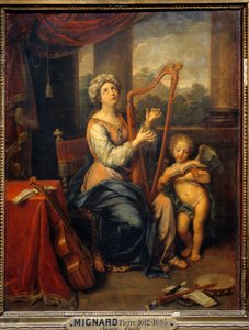 Sainte Cécile chantant les louanges du Seigneur. La sainte joue de la harpe et est entourée d