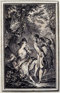 Promettre est une chose, et tenir en est une autre. Dans « Contes et nouvelles en vers » de Jean de La Fontaine, Amsterdam 1776. Illustré par P.P. Choffard.