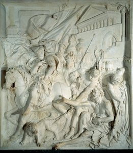 Alexandre le Grand (356 av. J.-C.-323 av. J.-C.) rencontre le philosophe grec Diogène le Cynique (413 av. J.-C.-327 av. J.-C.) dans son tonneau. Bas-relief en marbre par Pierre Puget (1620-1694) 1693. De la Salle des Cent Suisses (Louvre). Paris, Musée du  - Pierre Puget