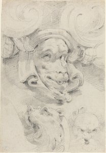 Esquisses ornementales avec masques grotesques - Pierre Puget