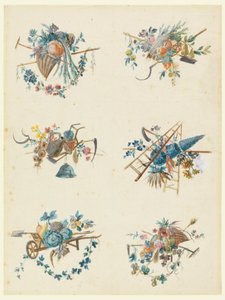 Six trophées avec les attributs du jardinage