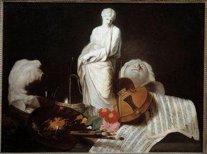 Les attributs des Arts Palette de peintre, violon, partitions, sculpture