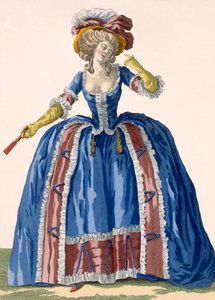 Robe à cerceaux de style anglais en bleu électrique avec bordure froncée bordeaux, gravée par Bacquoy, planche no.182 de 