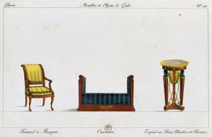 Fauteuil à oreilles, canapé et table tripode, planche 211, illustration de Collection de meubles et objets de goût - Pierre de La Mesangere