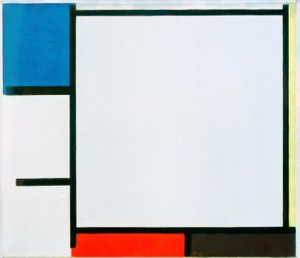Composition avec bleu, jaune, rouge, noir et gris