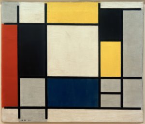 Composition avec jaune, rouge, noir, bleu et gris