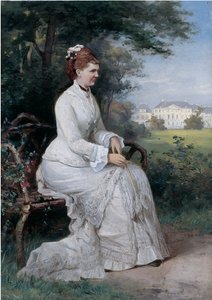 Portrait de la princesse Emma von Waldeck-Pyrmont assise sur un banc dans le parc du Palais Het Loo