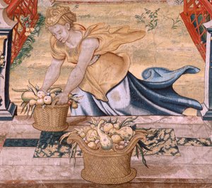 Série Vertumne et Pomone. Vertumne transformé en fermier. Partie centrale de la bordure inférieure, on voit un épisode sur les amours de Jupiter : Danaé. Deuxième tapisserie de la série. Modèle Cercle de Pieter Coecke van Aelst. Manufacture Wilhelm Pannema