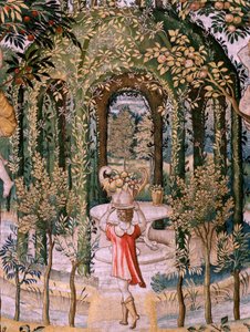 Tapisserie flamande. Série Vertumnus et Pomona; Vertumnus transformé en jardinier. Cinquième tapisserie de la série. Modèle Cercle de Pieter Coecke Van Aelst et Léonard Thiry. Manufacture Atelier inconnu, Bruxelles, avant 1560.