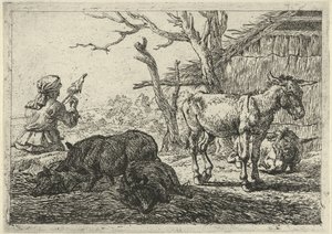 Femme filant, cochons et ânes - Pieter Bodding van Laer