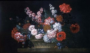Nature morte de œillets, giroflées, pivoines, liserons et autres fleurs dans un panier reposant sur un rebord de pierre