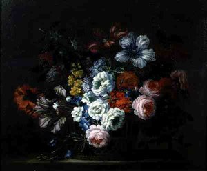 Nature morte de roses, pivoines, tulipes et gloire du matin dans un panier