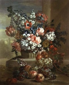 Nature morte avec panier de fleurs et de fruits (paire de 81024)