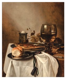 Un rouleau, hareng, salière en argent, grand Roemer et couteau sur une table drapée, c.1644 - Pieter Claesz