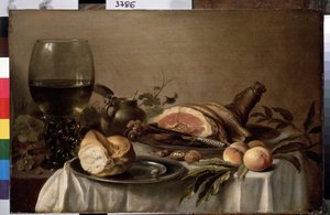 Nature morte de petit déjeuner avec jambon, pain, pêches et noix - Pieter Claesz