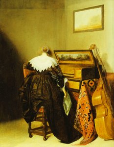 Une dame assise vue de dos devant un virginal - Pieter Codde