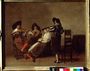 Soirée musicale. Trois musiciens et une jeune femme (au chant)