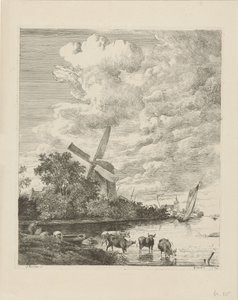 Vue de rivière avec moulin et vaches dans l