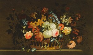 Nature morte de fleurs dans un panier sur un rebord de pierre