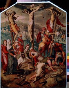 Calvaire. Sur le Golgotha, Jésus-Christ crucifié avec les deux autres condamnés à mort. Il porte la pancarte INRI sur la croix. Au pied, Sainte Marie Madeleine pleure la mort de Jésus, son flacon est renversé sur le sol. Sainte Véronique