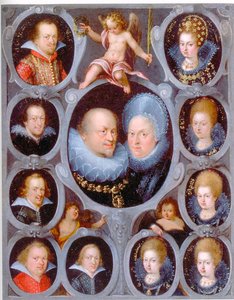 Le duc Frédéric Ier (1557-1608) (r. 1593-1608) et la duchesse de Wurtemberg Sibylla avec dix de leurs enfants