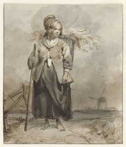 Femme debout avec bâton et panier sur le dos