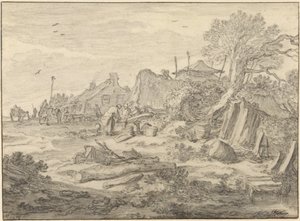 Une cour de ferme avec des hommes réparant une roue - Pieter Molijn