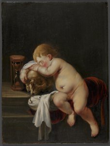 Garçon dormant sur un crâne