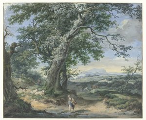 Paysage vallonné avec arbres imposants et figures humaines