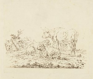 Prairie avec vache et moutons