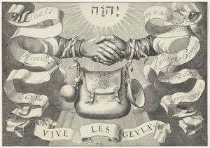 Deux mains avec un sac de mendiant, symbole des Gueux